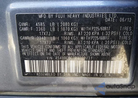 2013 Subaru Outback 2.5I Premium from USA, damaged, VIN 4S4BRCBC7D3202731